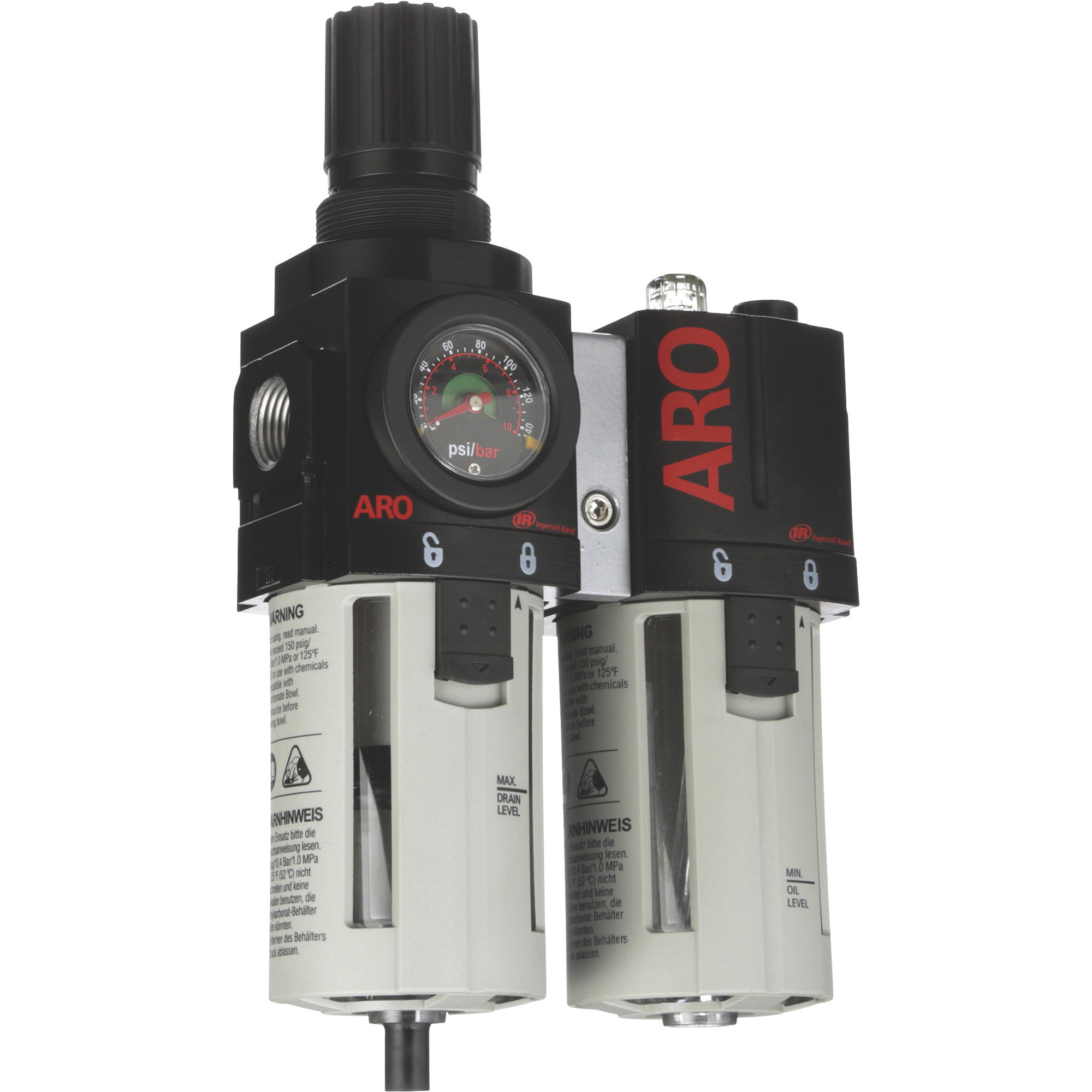 Ingersoll Rand Combination Air System Accessories, 1/2in. NPT (F) Air Line Piggyback Regulator/Filter + Lubricator, 150 CFM, Model# C38341600VS